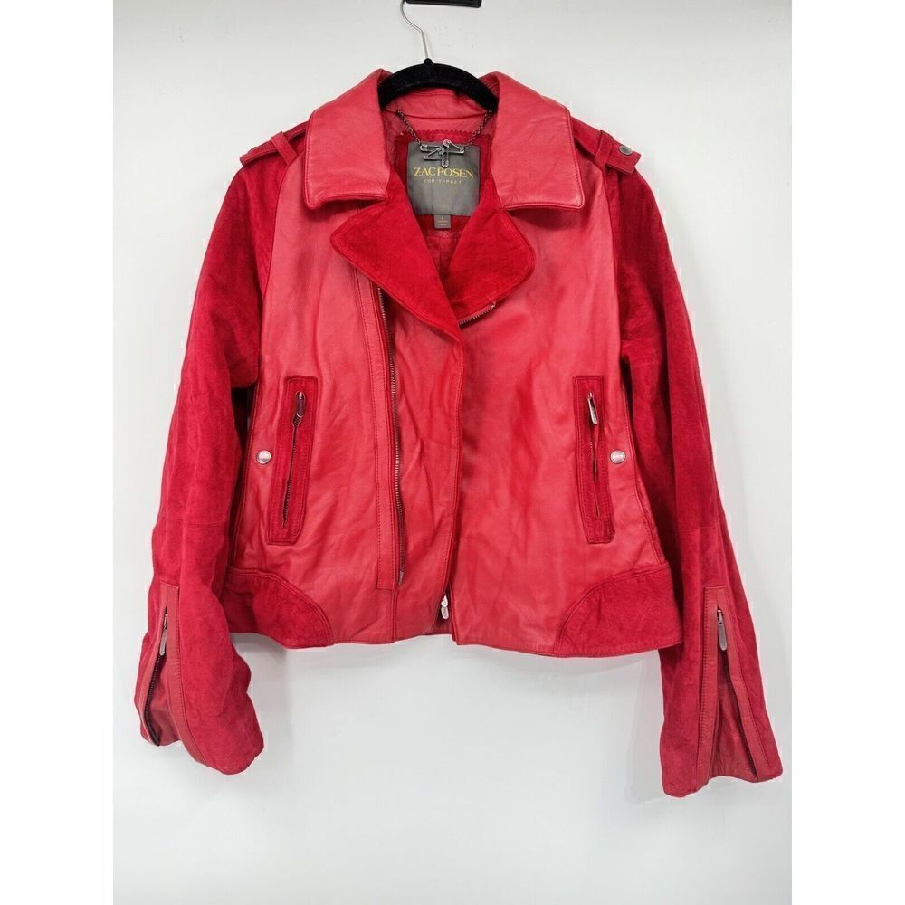 Zac Posen Target Leather Suede Moto Jacket Red Woman’s Bomber Size large